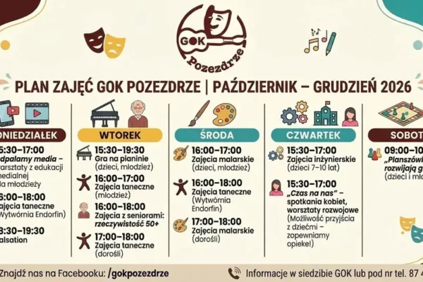 GOK Pozezdrze: nowy plan zajęć na październik–grudzień 2026. Część zajęć płatna