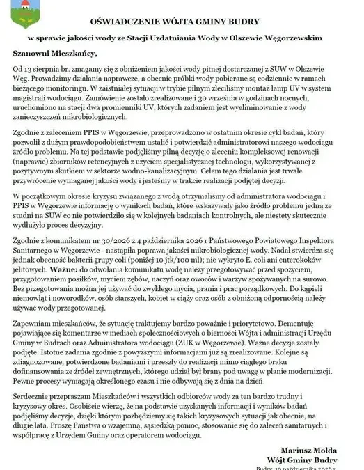Budry: Woda z wodociągu w Olszewie Węgorzewskim nadal wymaga przegotowania
