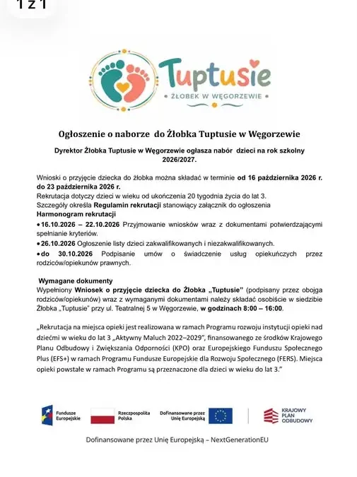 Rusza nabór do żłobka „Tuptusie” w Węgorzewie – sprawdź, jak zapisać dziecko